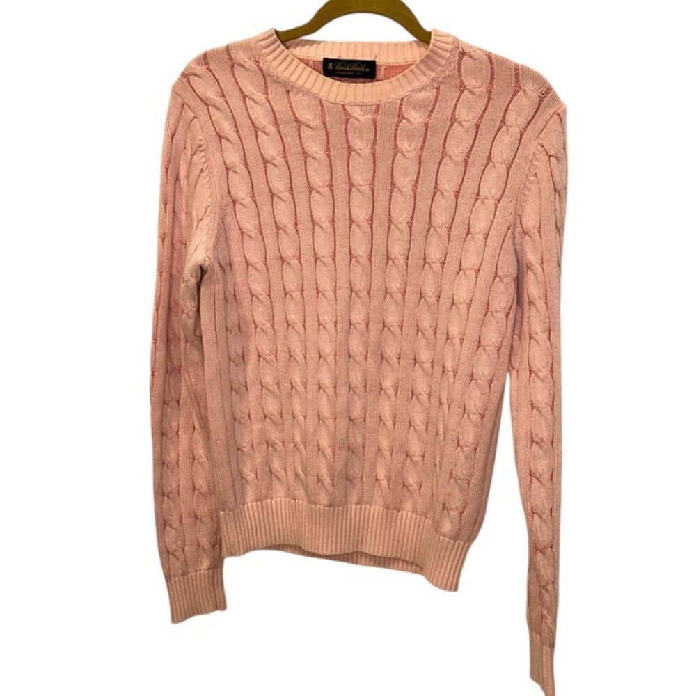 Brooks Brothers Baby Pink classic modern twist cable knit cotton crew sweater S